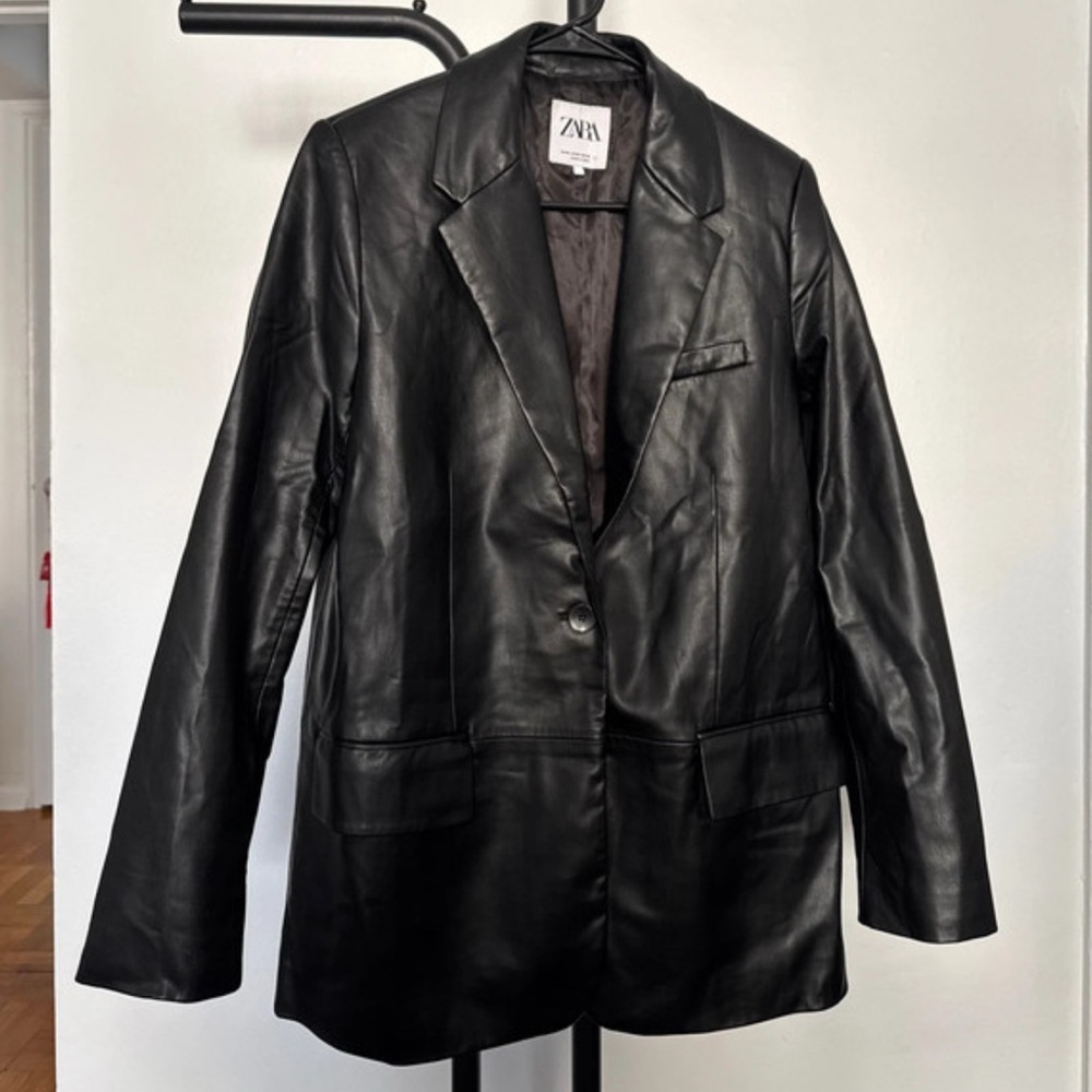Zara Black Faux Leather Single-Button Blazer